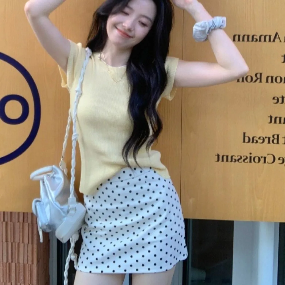 

High Waist Polkatdot Short Skirt Slim Fit Top Collocation Dot Half Slips Korean Ins Style Black/Apricot Dot A-line Dress Outdoor