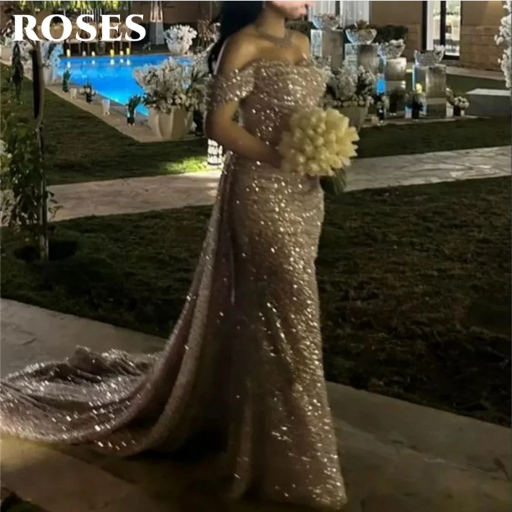 

ROSES Gold Gorgeous Prom Dress Sparkly Sequins Mermaid Evening Dresses Off the Shoulder Long Formal Party Gown 프롬 드레스 Customized