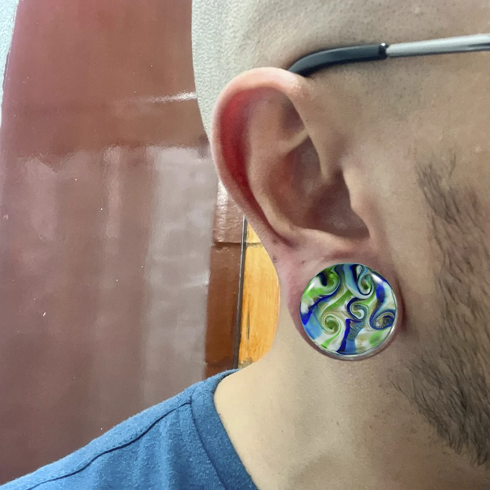 1 Pair Mix White Blue Green Line Solid Glass Double Flared Ear Tunnel&Plugs Round Rainbow Color Ear Expansion Gauge Stretcher