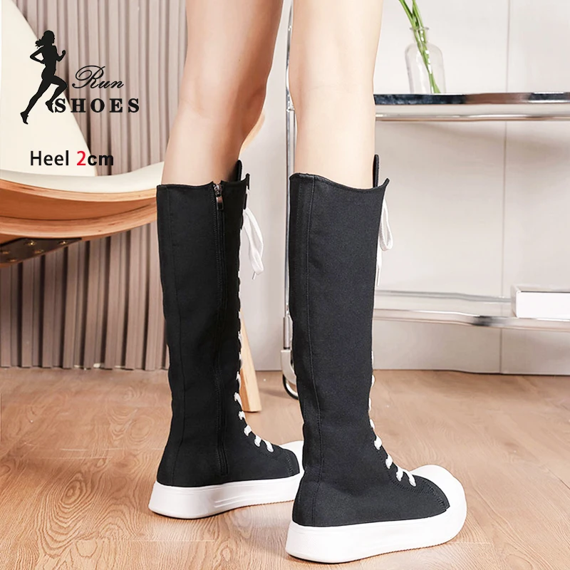 Women High Top Casual Canvas Shoes Spring Autumn Knee-High Boots Lace-up Zipper Ladies Comfort Flats Vulcanize Sneakers 36-43