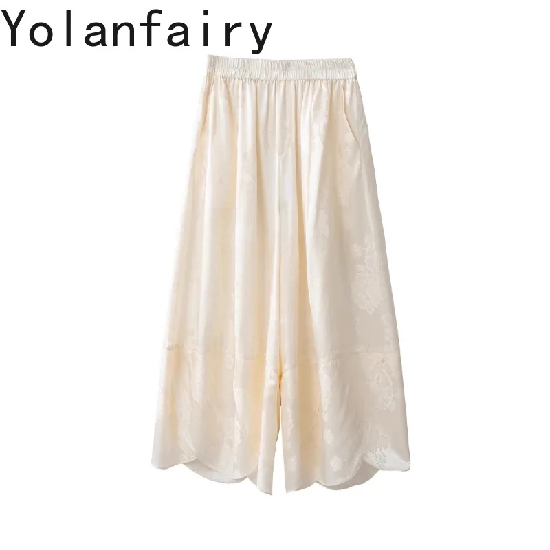 YOLANFAIRY 100% Natural Mulberry Silk Pants Woman Wide Leg Straight Pants Loose Comfort Casual Jacquard Trousers Elastic Waist