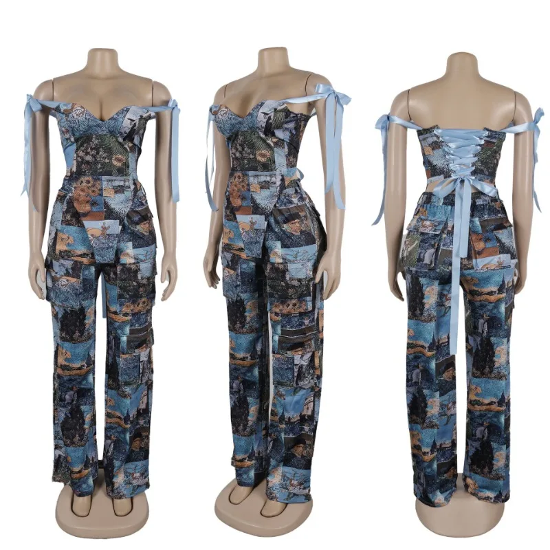 Pattern Print Two Piece Set for Women Night Club Outfits Sexy Off Shoulder V-neck Lace-up Bow Tie Bandage Top and Wide Leg Pants