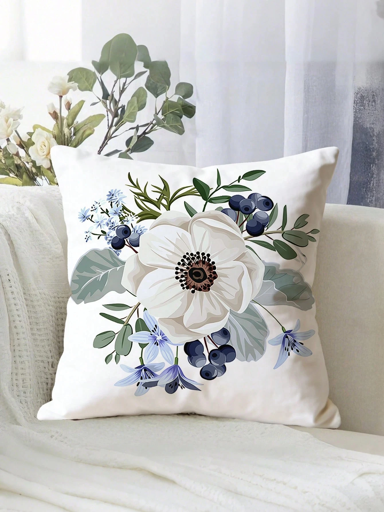 1pc Minimalist Botanical Pillow Cover, Polyester 2D Double-Sided Print, Soft Watercolor Tulip & Leaf Design, Neutral Scandinavia
