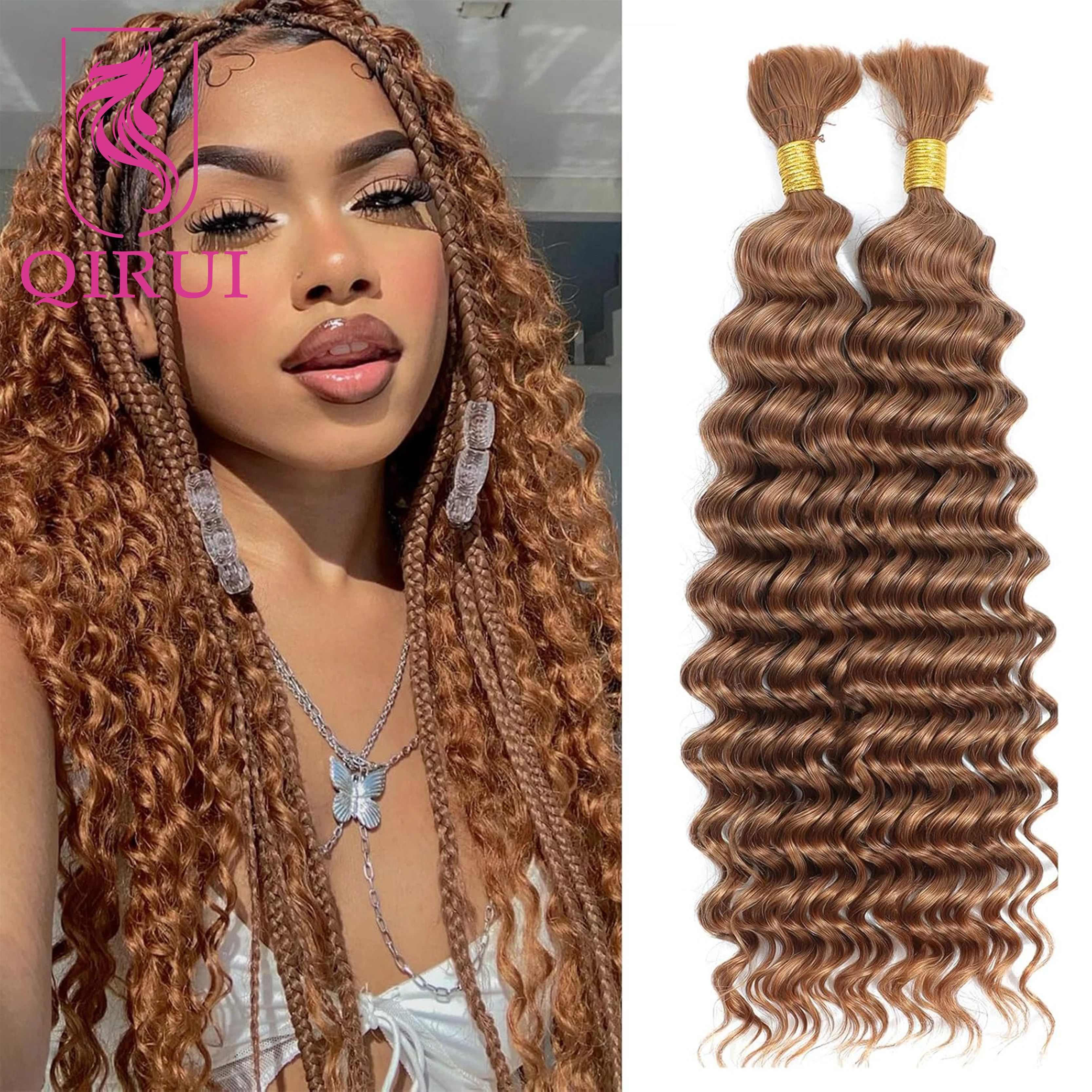 Bulk Human Hair For Braiding Deep Wave #30 Double Drawn Bulk Curly Human Hair For Boho Knotless Braids Bundles No Weft