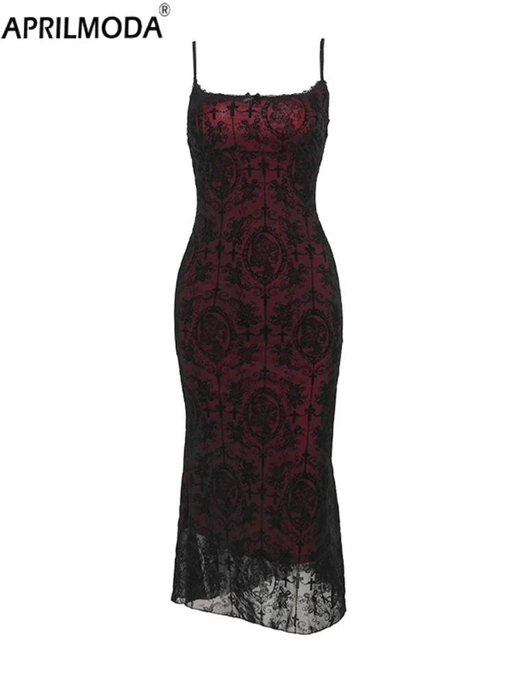 Schwarz Rot Vintage Elegante Goth Meerjungfrau Kleid Frauen Streetwear Fee Grunge Ästhetische Kreuz Muster Spaghetti Strap Party Kleider