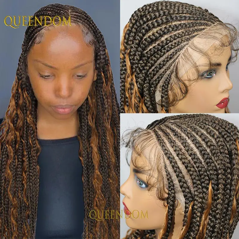 1B27ハニーブロンド合成ボヘミアンブレイズウィッグノットレスボックスコーンロウフルレースフロント黒人女性用サイドパートブレイドウィッグ