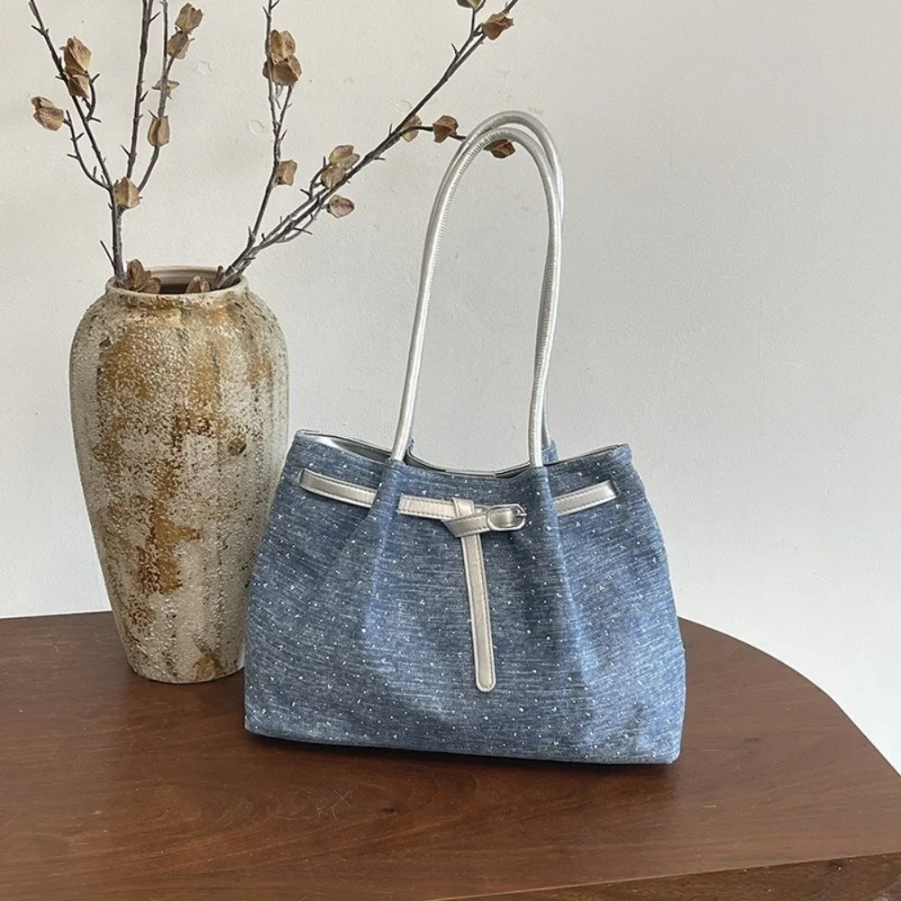 Elegant Denim Shoulder Bag Vintage Style Shining Surface Ladies Tote Bag Waterproof Large Capacity Travel Handbag for School