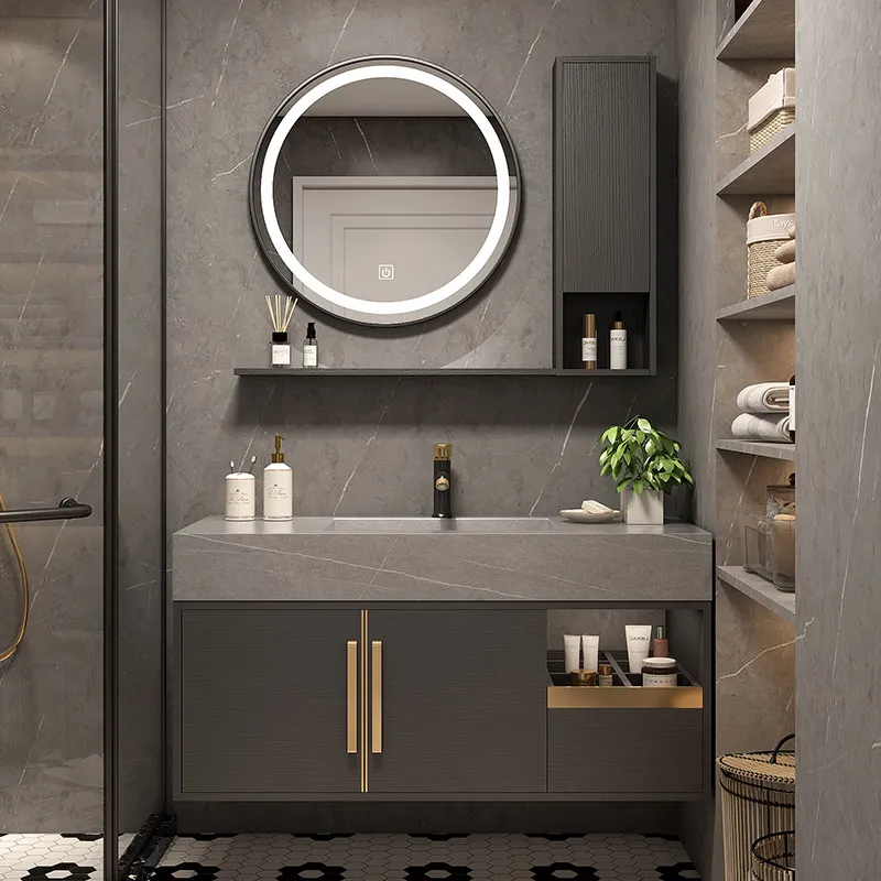 

Rock slab integrated light luxury bathroom cabinet combination simple modern bathroom washstand mirror cabinet