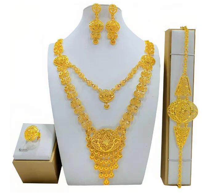 Luxury Crystal Dubai Gold Color Jewelry Sets For Women Bridal Elegant Necklace Earrings Sets African Arab Wedding Party Gifts