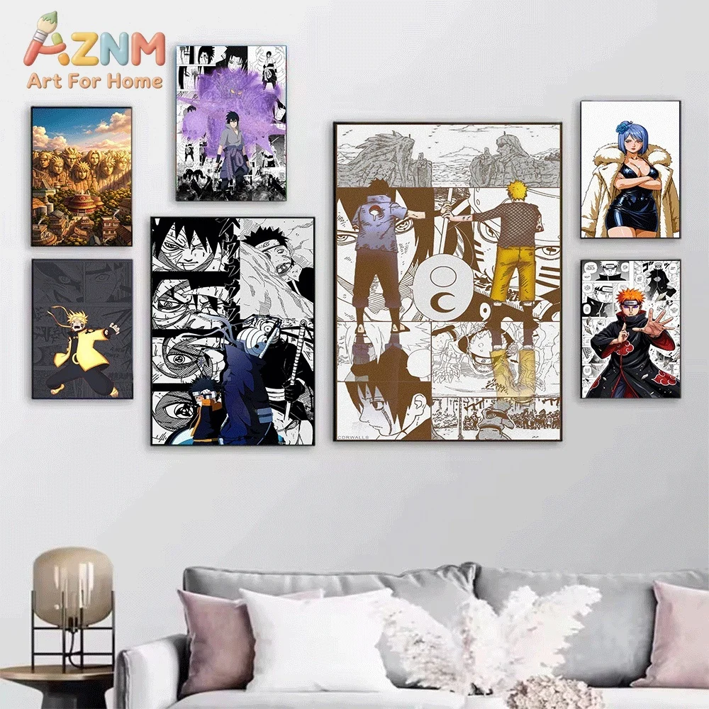 AZNM Naruto Uzumaki Six Paths Mode Sword Comic Collage Canvas Wall Print, Cool Anime Ninja Character Art Poster, Unframed Canv