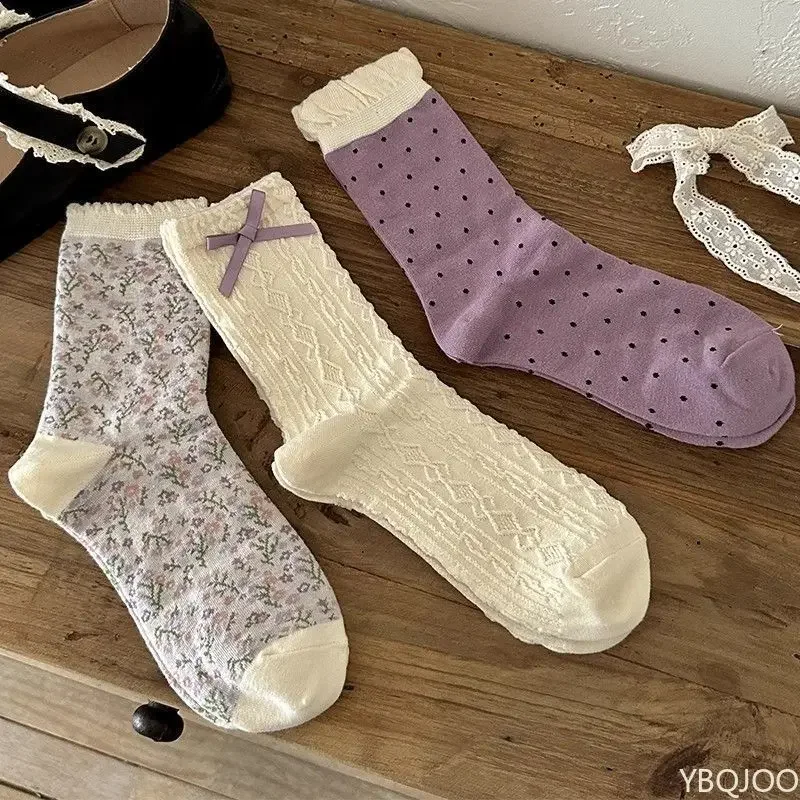 5 Pairs of Purple Floral Socks Mid Length Socks Cute Girl's White Bow Mid Length Socks Sweet Retro Casual Comfortable Lace Socks