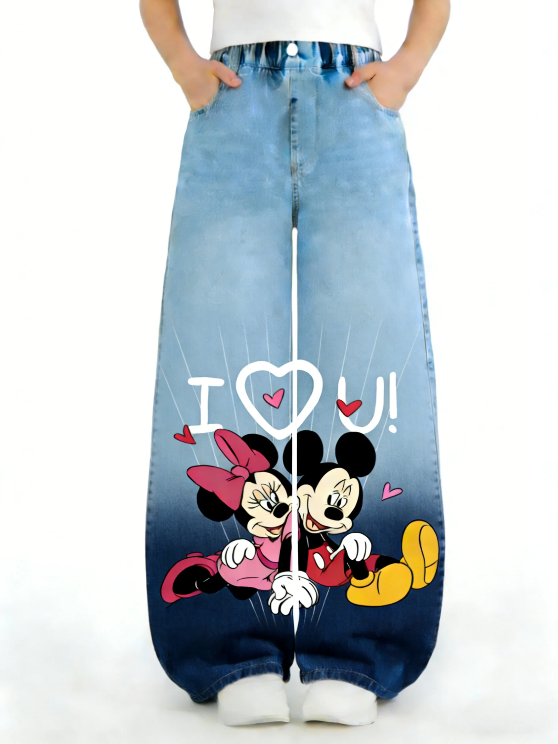 

Новые джинсовые брюки Disney для девочек на весну и осень, эластичные облегающие детские универсальные повседневные брюки с рисунком Минни Маус