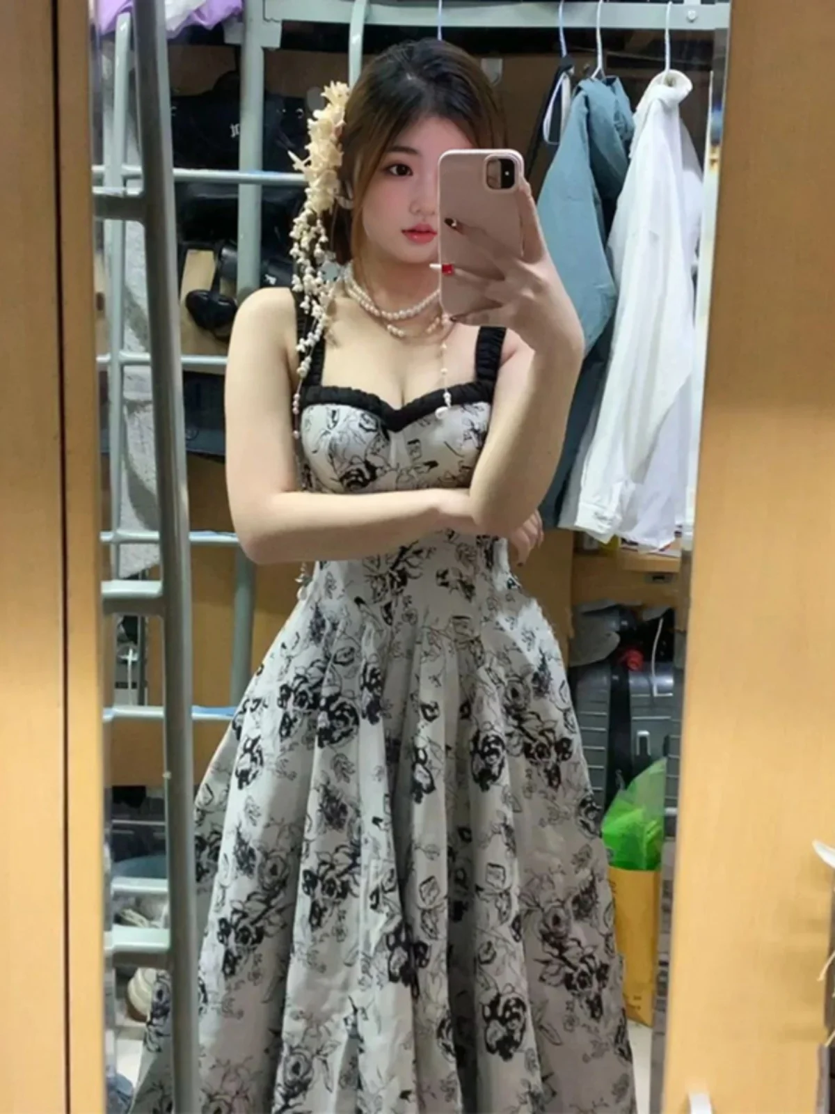 Hebden Sle A-Line Long Dr with Strap High Waist Slimming Design French Ele Lady Rich Girl Sensation Midi Dr