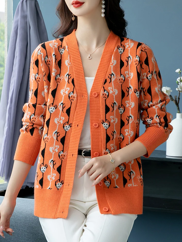 Cardigan à imprimé géométrique pour femmes, pull à manches longues, tricots à simple boutonnage, vêtements de printemps et d'automne