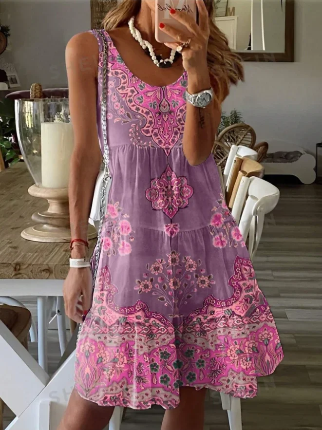 

Plus size European and American cross-border women's summer new printed pleated sleeveless V-neck dress