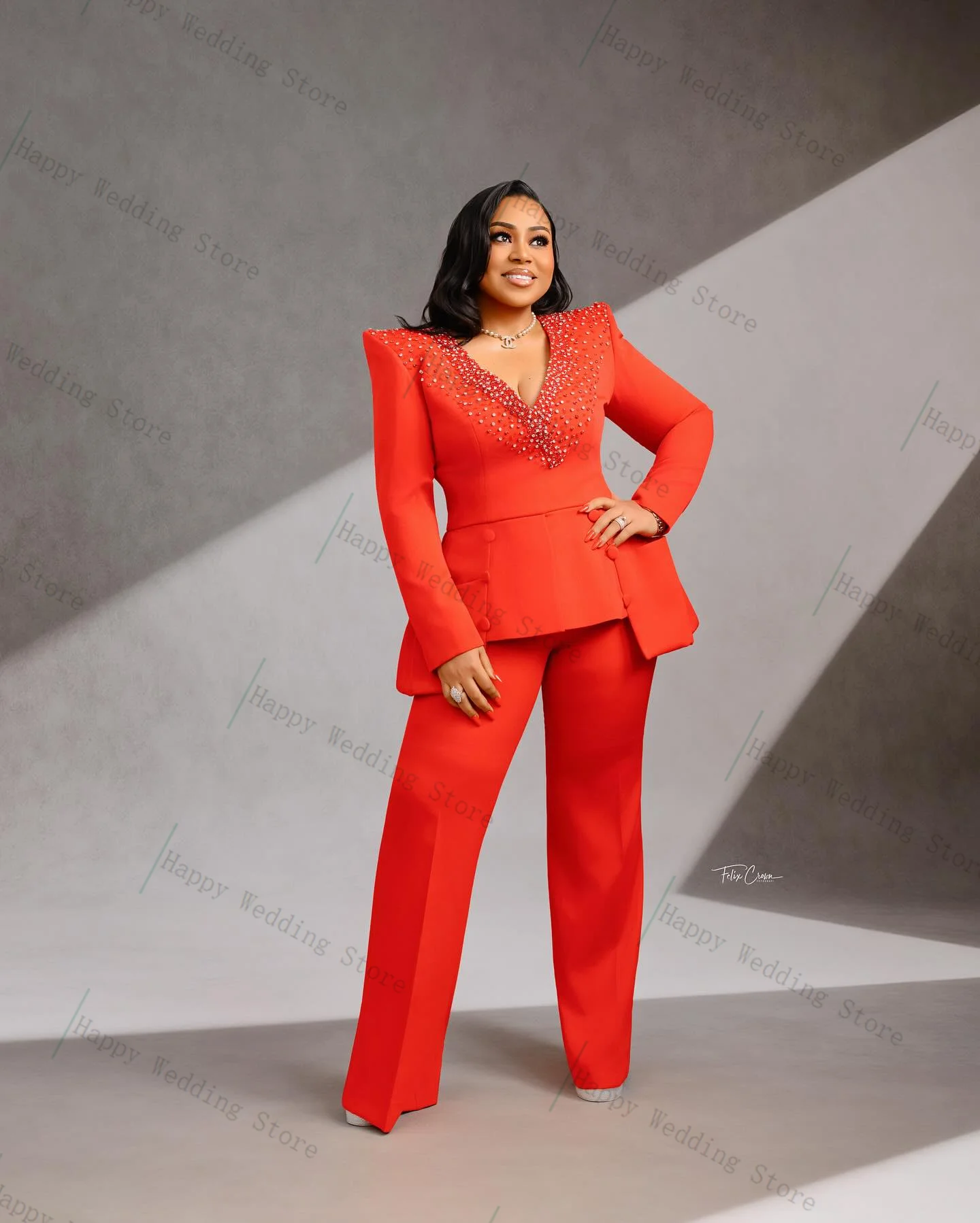 

Red Crystals Women Suit Set 2 Piece Blazer+Pants Trousers Formal Office Lady V Neck Jacket Customized Wedding Guest Prom Coat