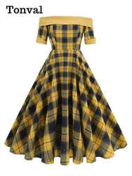 Tonval Off the Shoulder Yellow Plaid Rockabilly Vintage Dresses Autumn Clothes for Women Elegant Evening Christmas Party Dress