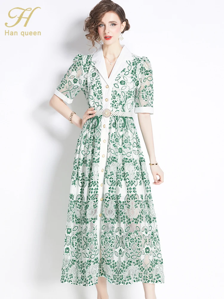 

H Han Queen New Vintage Mesh Hollow Embroidery Summer Vestidos Simple Chic Office Casual Women Single Breasted A-Line Long Dres