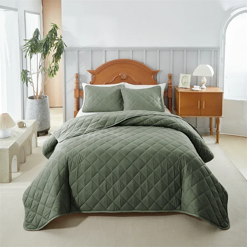 Solid color plaid quilted double-sided abraded washable bed cover oblique square bed cover  can be used in all seasons