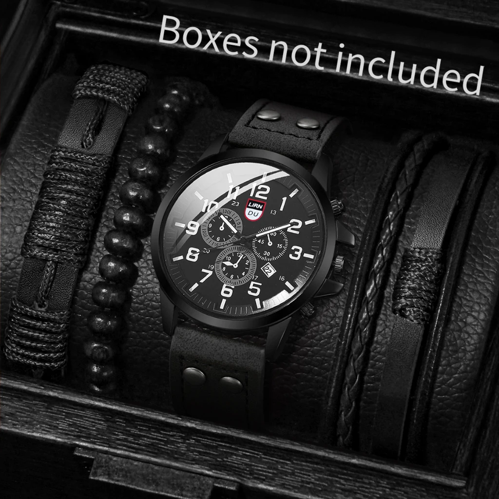 4PCS/Set  Men Sports Calendar Watches Casual Leather Strap Male's Quartz Watch Bracelets Set Reloj Hombre（Without Box）