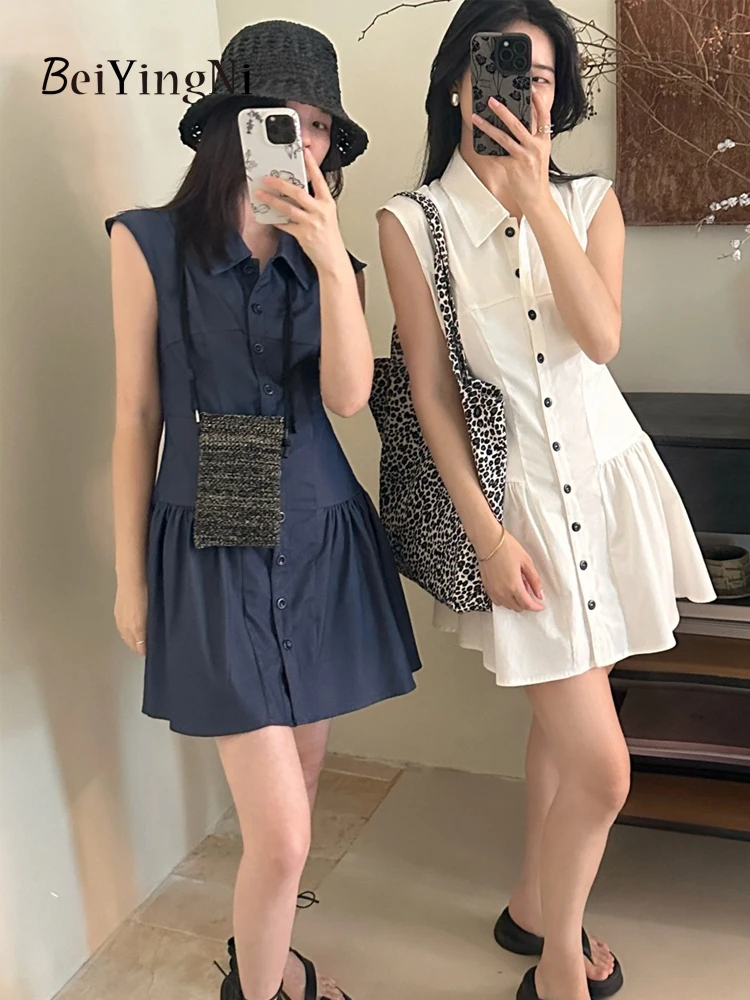 Beiyingni Casual Pleated Shirts Dresses Women Single-breasted Slim Short Mini Sundress Korean Fashion Chic 2024 A-line MiniDress