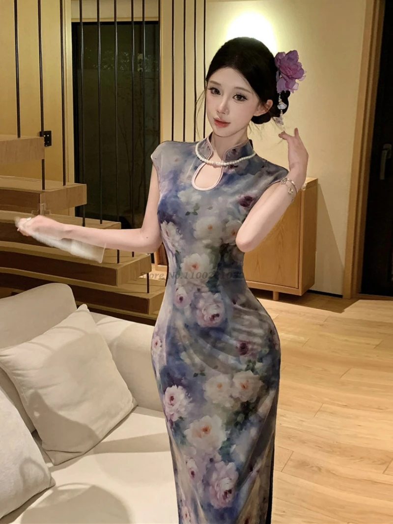 

2026 oriental sexy qipao dress improved cheongsam traditional flower print mesh qipao chinese banquet nightclub dress qipao