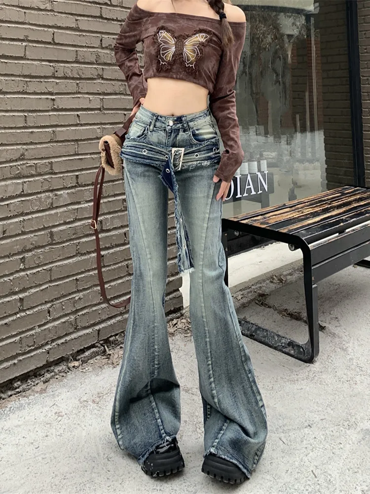 

2023 Spodnie Y2K Streetwear Slim Stacked Flare Jeans Pants For Women 90S Clothes Vintage Blue Harajuku Lady Old Denim Trousers