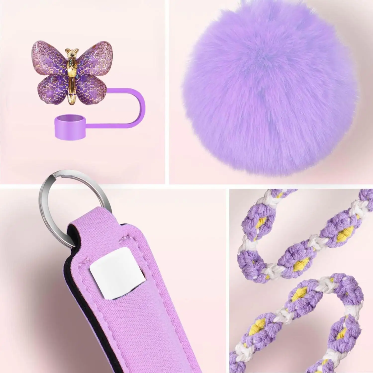 Butterfly Straw Toppers Hand Straps Silicone Rings Cup Chains Lipstick Pouches Pom-Pom Pendant - Set of 6 Party Accessories