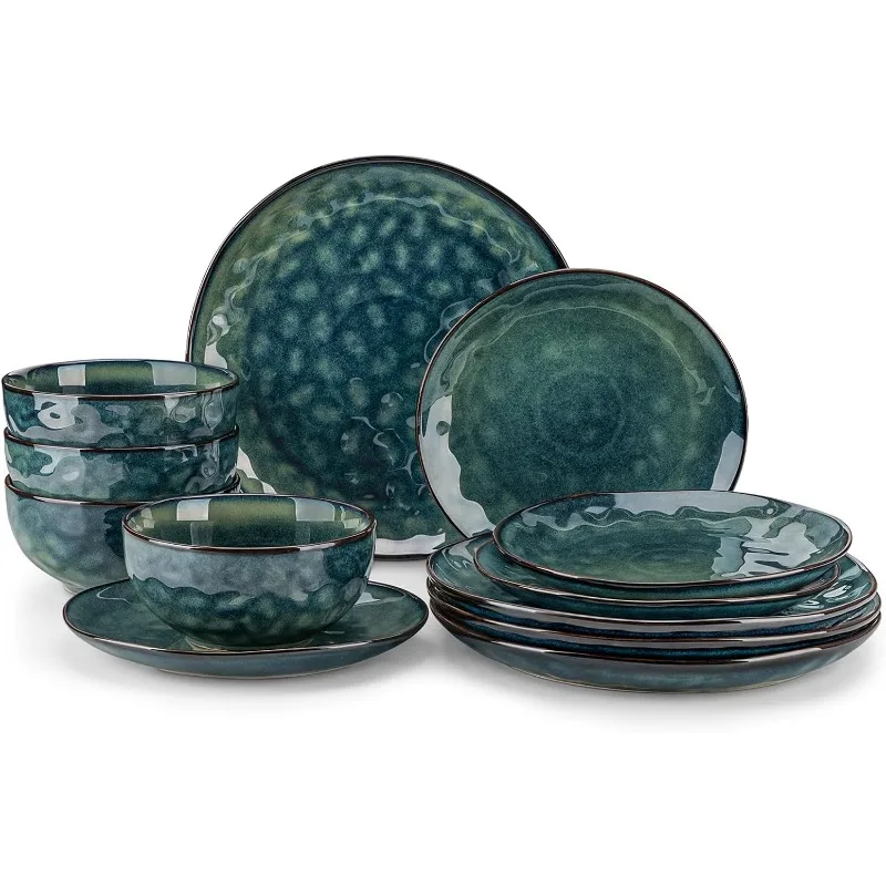 

Starry 12 Pieces Dinnerware Set, Plates and Bowls Set for 4, Stoneware Plates Set, Dishwasher and Microwave Safe, Green
