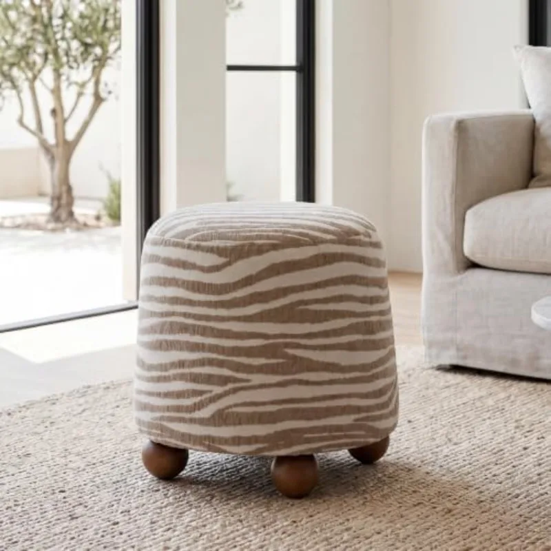 Round Ottoman for Living Room Boho Foot Stool with Rubberwood Legs | Modern Small Textured Oatmeal Striped Pattern