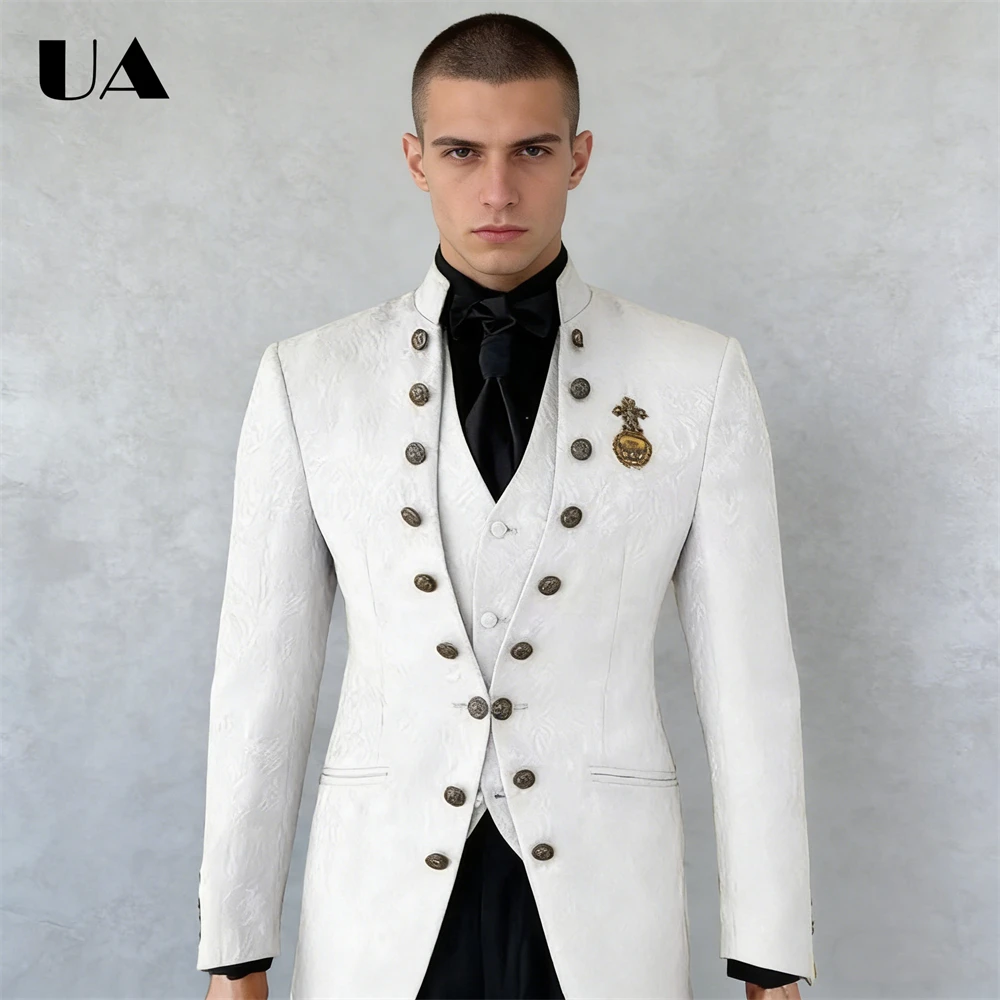 

Jacquard Three Piece Formal Suit Set for men, Trendy Buttons Slim Fitting Men's Suit Attire, Party Prom Dresswear Costume Suits