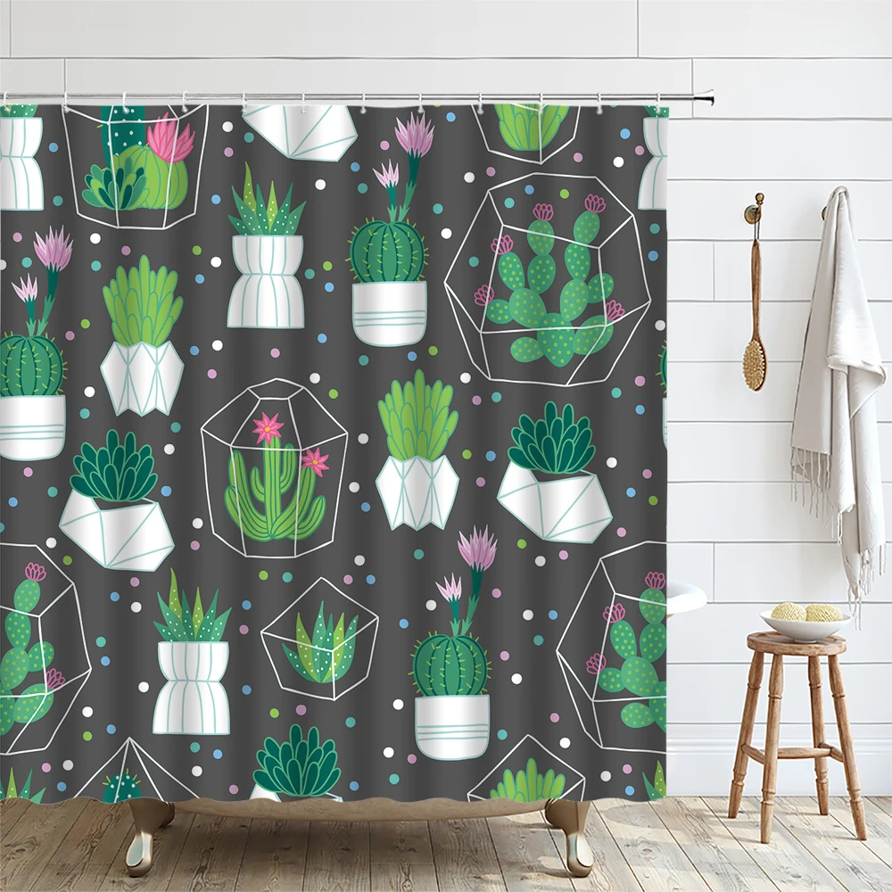 Cactus Shower Curtain Cute Green Succulent Potted Plants Tropical Desert Western Botanical Bathroom Decor Curtains Set with Hook