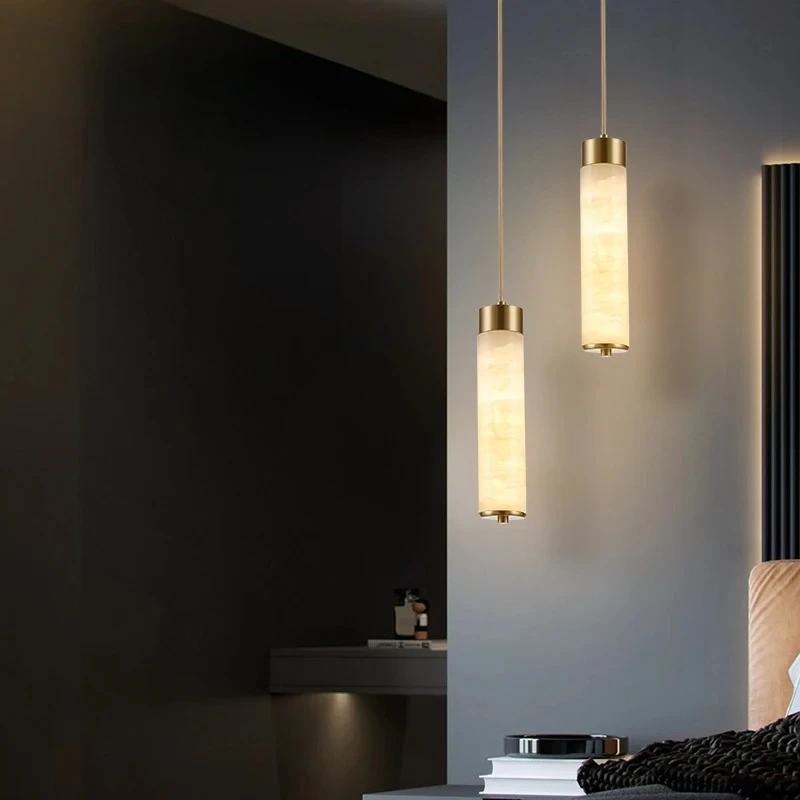 Natural Marble LED Pendant Light Solid Copper Gold Chandelier for Kitchen Island, Livingroom, Bedroom Bedside, Restaurant Decor
