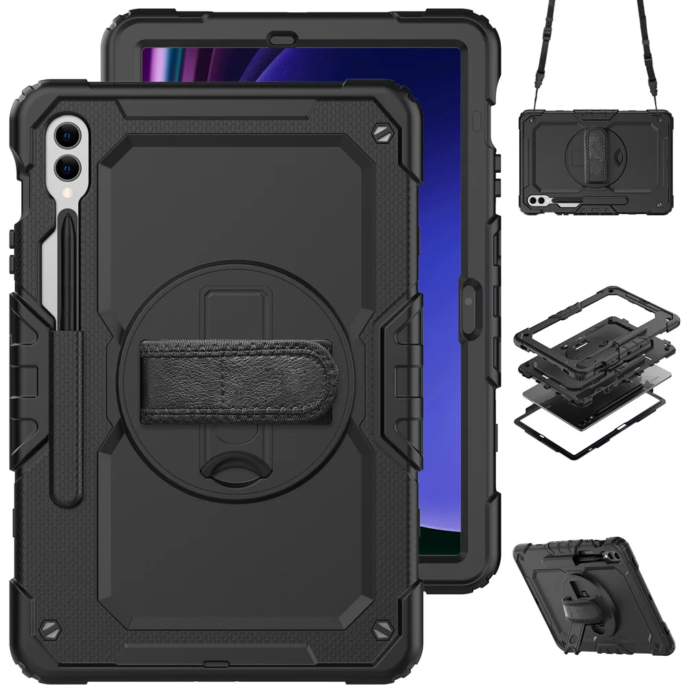 

Rotation Hybrid 3Layer PC+Silicon Case For Samsung Galaxy Tab S9FE S9+ S10 Plus 12.4 Full Cover Shockproof W/Shoulder Strap