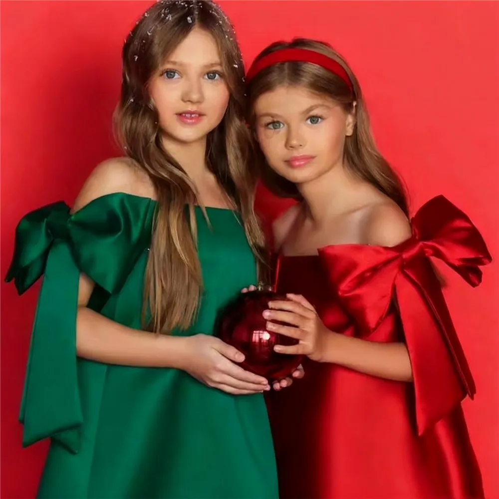 

Elegant Off Shoulder Flower Girl Wedding Dress Satin Bow A Line Girls Birthday Party Kids Hosting Performance Gown Customized