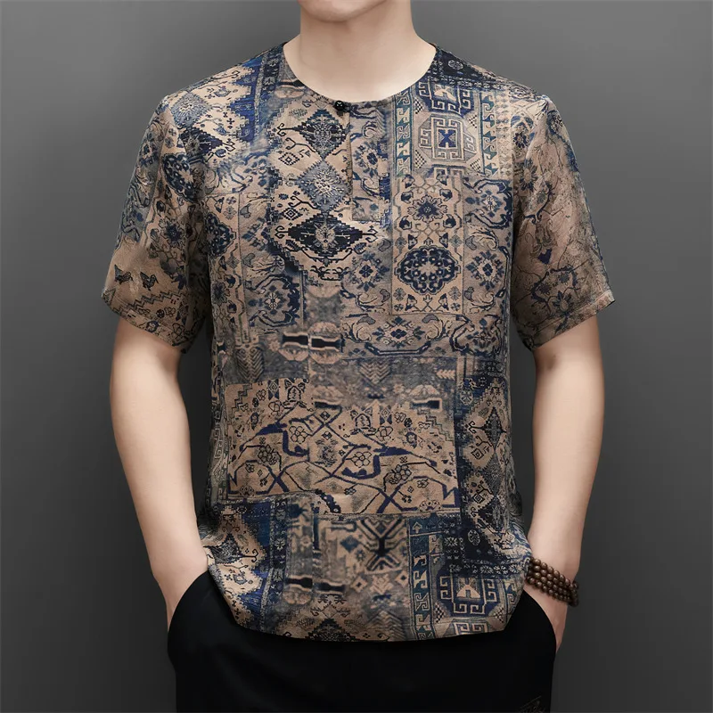 Vintage Print Premium T Shirt For Men Short Sleeve Real Silk 100% Summer Quality Skin-Friendly Chinese Style Camisetas De Hombre