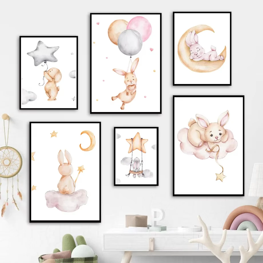 Cute Watercolor Rabbit Moon Star Cloud Nursery Wall Art Print Playroom Canvas Painting Poster Wall Picture Baby Kids Room Decor