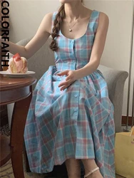 Colorfaith DR11893 New 2024 Sleeveless Lace Up Checkered Fashion High Waist Elegant Women's Spring Summer Holiday Long Dresses