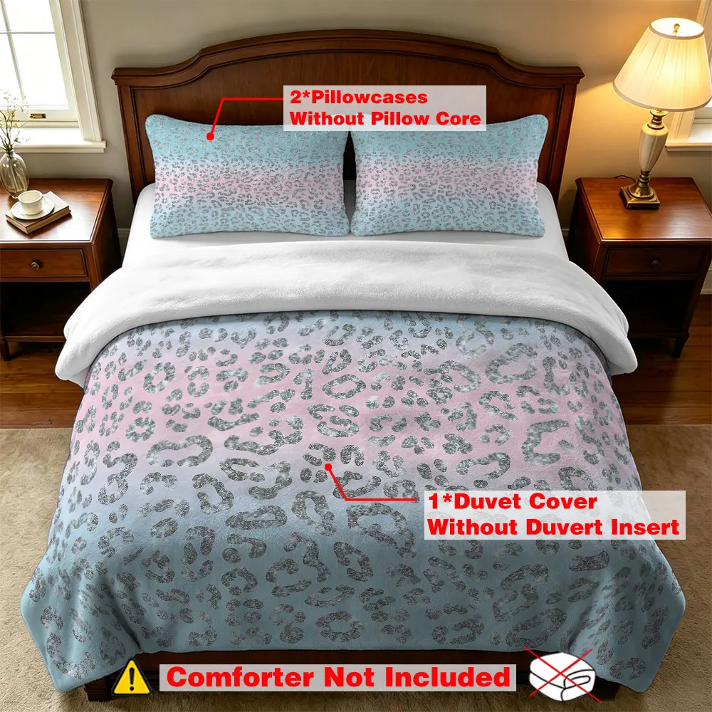 Blue Pink Gradient Leopard Print Bedding Set 3Pcs Milk Velvet Soft Warm Duvet Cover Queen King Size Bed