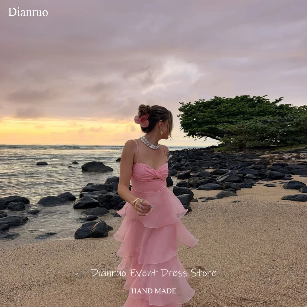 

Dianruo Spaghetti Strap Evening Dress Tiered Ruffle Layered Long Party Gowns Chic Pink Organza Vestidos De Graduación Customized