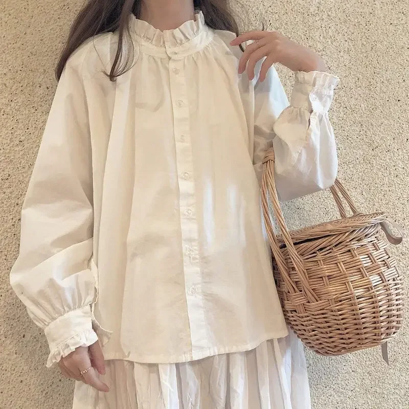 

Японские милые рубашки женские с рюшами в консервативном стиле свободные студенческие повседневные Mujer Blusas весенние Ropa прекрасные однобортные модные