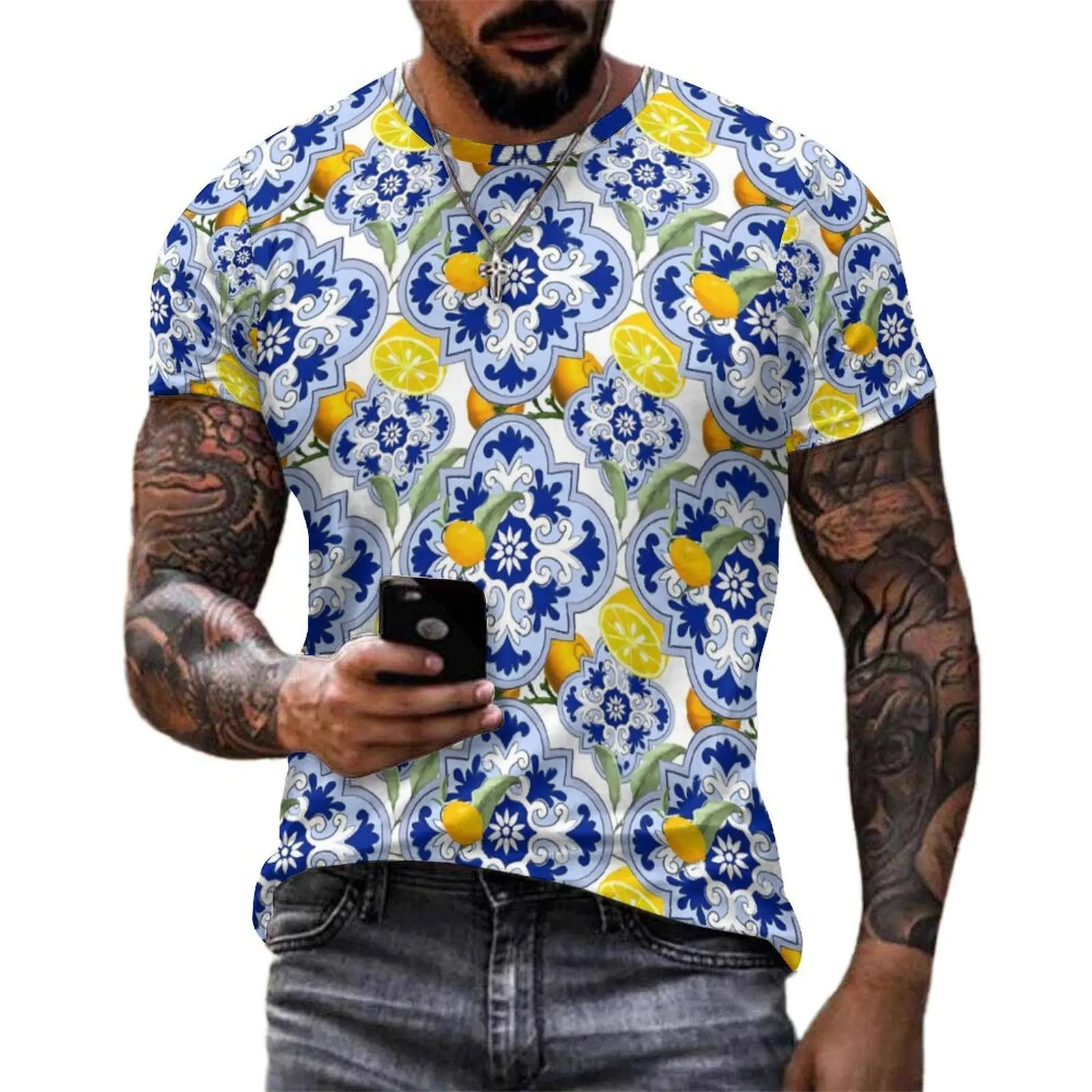 Vintage Fruit Print T-Shirt Sicilian Style Harajuku T-Shirts Mens Y2K Fun Tee Shirt Summer Short Sleeve Design Clothes 5XL 6XL
