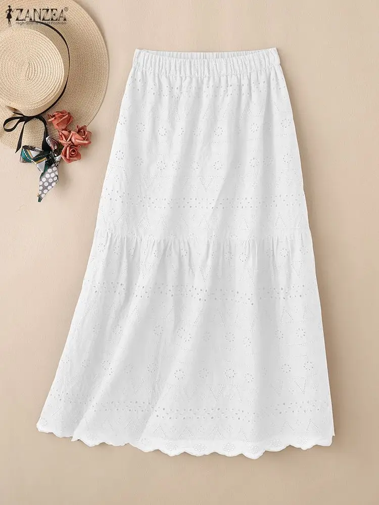 

ZANZEA Women Stylish Hollow Out Skirts 2025 Autumn Embroidered Jupe Casual Elastic Waist Faldas Saia Elegant Holiday Party Skirt