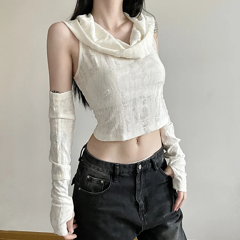 Summer Sexy Hollow Out Short T-Shirt Women's Sleeveless Hooded Tshirt Slimming Dropped Waist Gothic Tee Shirt Matching Gloves