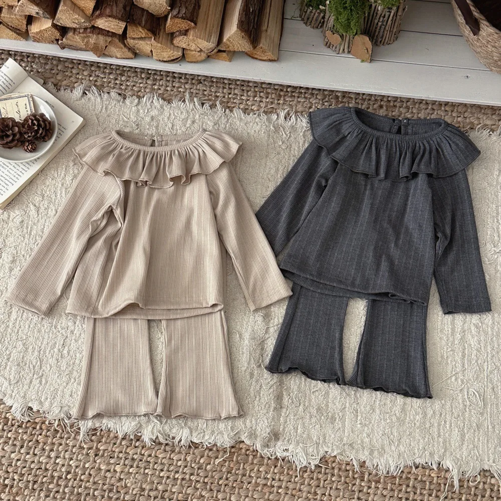 2026 Autumn New Baby Long Sleeve Clothes Set Infant Girl Ruffle Collar Ribbed Tops + Flared Pants 2pcs Suit Toddler Outfits