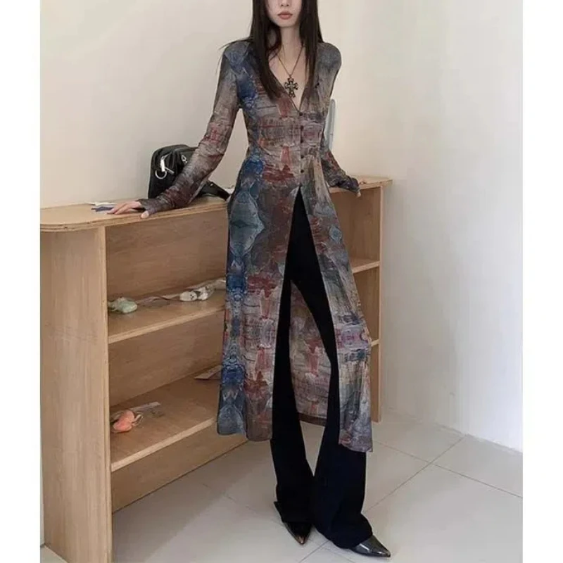 American Retro Printing Gauze Lolita Summer 2024 New Patchwork V-neck Button Fashion Slim All-match Long Sleeved Chiffon Jacket