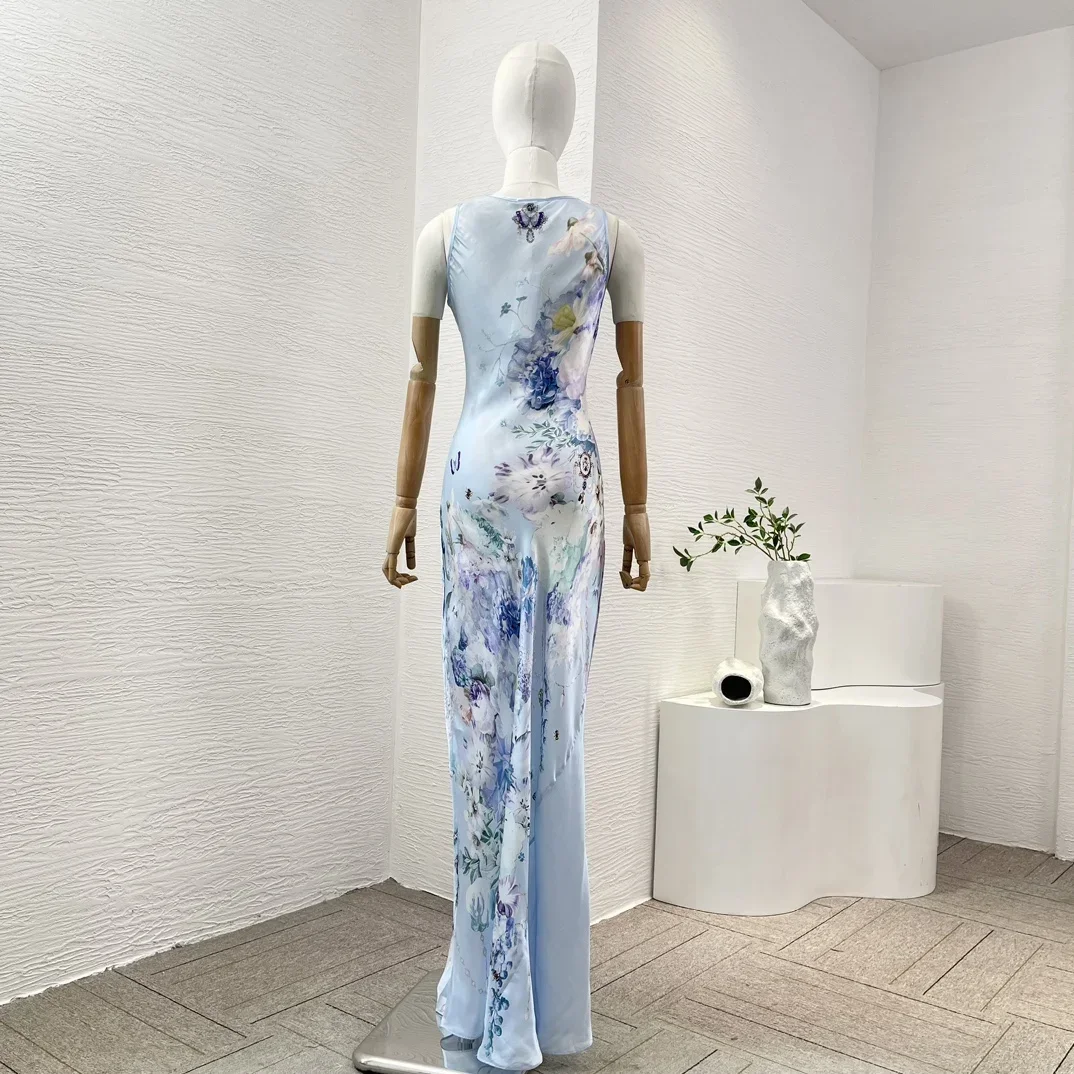 Chic and Elegant Woman Summer Maxi Dress 2024 New Light Blue Diamonds Bufferfly Flowers Print Sleeveless for Lady Party Birthday