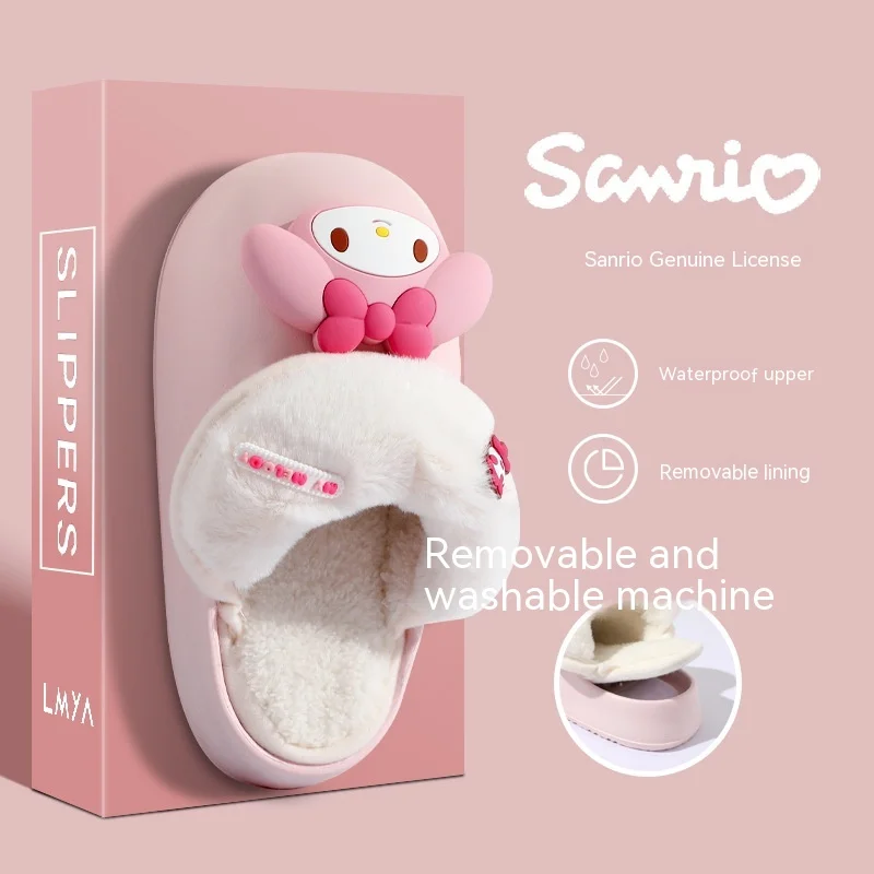 Sanrio Hello Kitty zimowa kapcie z bawełny Anime Kuromi Cinnamoroll Kawaii wodoodporna antypoślizgowa klapki pluszowe prezent dla dziewczynki