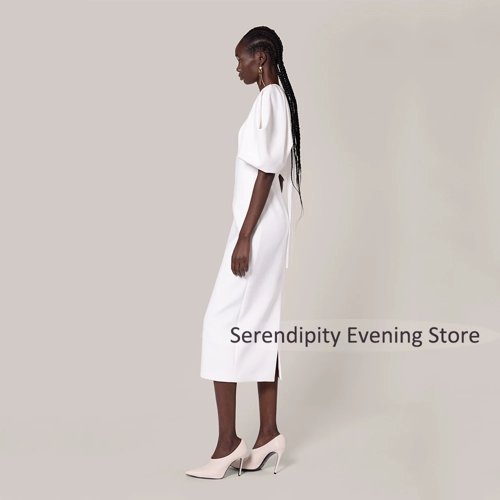 Midi-cocktailjurken voor dames 2025, O-hals, theelengte, kolomcocktailjurken, korte gezwollen mouwen, strikschede, formele feestjurk