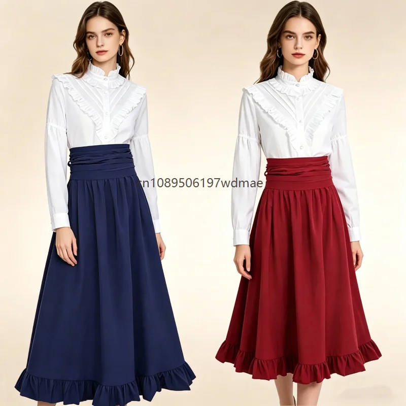 

Medieval Victorian Women Gothic Ruffle Shirts Vintage Long High Waist Skirt Renaissance Party Cosplay Stage Performance Costume